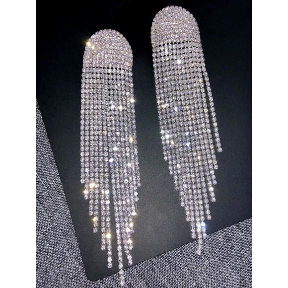 Silver Elegant Long Chandelier Rhinestone‎ Tassel Drop Bling Earrings - Picture 3 of 8